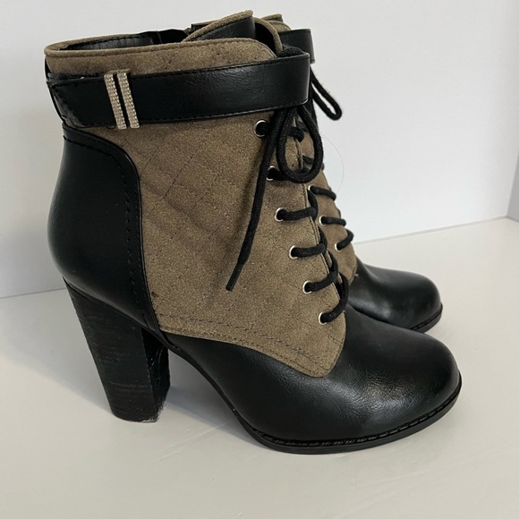Call It Spring Khaki 'Acirari' Heeled Booties Side Zip Lace Front Quilted Detail - Picture 1 of 9
